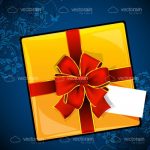 Yellow Gift Box with a Red Bow on a Blue Floral Background